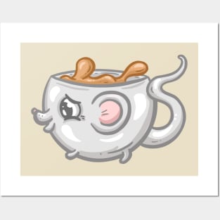 Little Cute Mouse Coffee Cup Cartoon Illustration Posters and Art